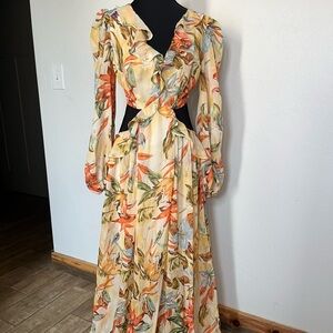 Floral Long Sleeve Maxi Dress with Cut Out Sides Open Back